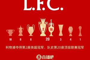 🏆️利物浦夺队史第20座顶级联赛冠军，追平曼联并列英格兰第一