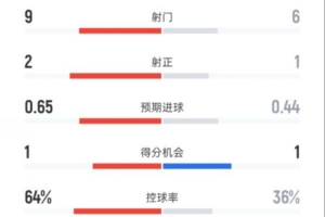 曼城1-0狼队数据：射门9-6，射正2-1，控球率64%-36%